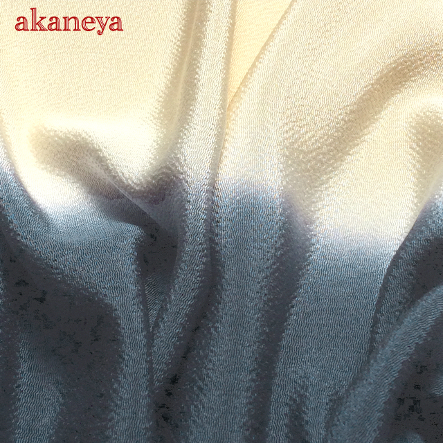 帯揚げ　正絹　縮緬　染め分け　暗い青　薄黄