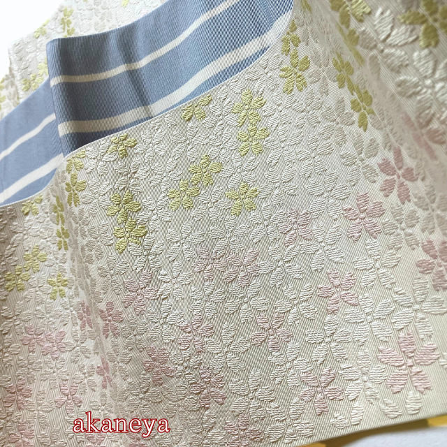 半幅帯　半巾帯　博多　正絹　桜　縞　両面　リバーシブル